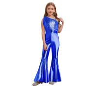 MSemis Déguisement Disco Enfant Fille Costume Disco des Années 70 Combinaison 80s Hippie Justaucorps Gymnastique Danse Salopette Bodysuit 5-16 Ans Bleu royal 9-10 ans