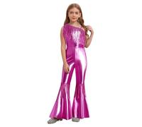 MSemis Déguisement Disco Enfant Fille Costume Disco des Années 70 Combinaison 80s Hippie Justaucorps Gymnastique Danse Salopette Bodysuit 5-16 Ans Rose Vif 13-14 ans