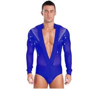 MSemis Homme Justaucorps Gymnastique Strass Léotard Ballet Danse Classique Manches Longues Tenue de Patinage Artistique Léotard Ballet Latine Jazz Tango Dancewear S-XXL Bleu XL