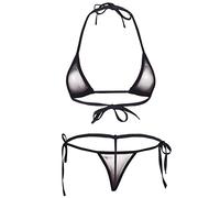 MSemis Lingerie Femme Sexy Transparente Mini Bikini Triangle Soutien-Gorge String Ficelle Maillot de Bain 2 Pièces sous-Vêtement Maille Noir Taille Unique