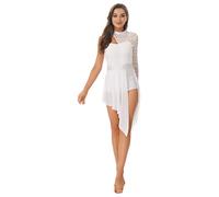 MSemis Robe de Danse Ballet Latine Femme Justaucorps Gymnastique Asymétrique Robe Cancan Menuet Une Manche Longue Combinaison Danse Dentelle S-XL M Blanc M