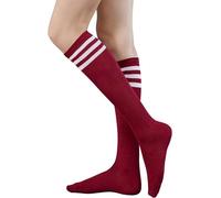 MSEVRNY Chaussettes hautes pour femme - Chaussettes hautes pour le sport, l'athlétisme, la course à pied - Chaussettes longues avec triple bandes décontractées, Bordeaux / Blanc, Taille unique