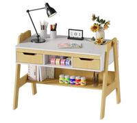 MSFE Bureau Enfants Réglable en Hauteur et en Inclinaison, Bureau Enfant en Bois avec 2Tiroir, 1 Compartiment de Rangement, 1 étagère inférieure, Table à Dessin Polyvalent, Table d'étude en Bois