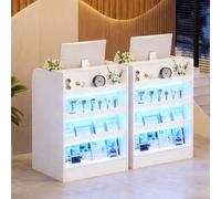 MSFE Comptoir Accueil avec LED Compact Meuble C-omptoir de Réception avec Tiroirs Verrouillables et étagère D'exposition Comptoir Caisse Salon de Coiffure,Bureau,Boutique, 60x60x95cm