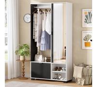 MSFE Meuble d'entrée Vestiaire avec 144 cm Miroir,Ensemble de Garde-Robe Compact avec Tringle à Vêtements,Armoire à Chaussures et Compartiments,Meuble D'entrée avec Rangement,100L x 33L x 190H cm