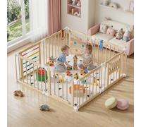 MSFE Parc Bebe Pliable Bois,8 éléments Playpen Baby avec Porte,Verrou de Sécurité et Jouets D'activités Montessori,Taille et Forme Réglables,Espace d'éveil Joyeux pour Bébés et Tout-petits