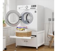 MSFE Socle Machine a Laver avec Tablette,Washing Machine Base avec Espace de Rangement Dissimulé,Bac de Récupération,Tuyau D'évacuation,Fabriqué en MDF et en Métal,Capacité de 700 LB,63 * 54 * 50cm