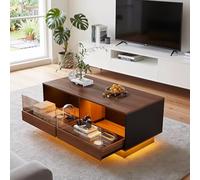 MSFE Table Basse Salon avec 2 Tiroirs de Rangement Table Basse avec LED et Petite Vitrine en Verre Moderne Table Centrale en Bois & Verre Trempé Table à Café Rectangulaire 50 x 100 x 42.7CM