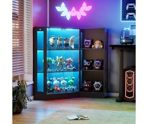 MSFE Vitrine en Verre avec LED, Armoire Vitrine pour Collection avec Capteur Intelligent, 2 Porte 6 étagères, Multifonction Meuble Vitrines LED Salon, Chambre, Entrée, 100x116.5x60 cm, Noir
