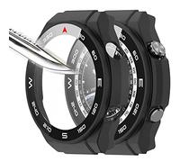 Msiall [2 pièces noir avec Film de protection d'écran en verre trempé pour Huawei Watch Ultimate, étui PC de dureté 9H, pare-chocs, étui de protection complet mince pour Smart Watch Ultimate