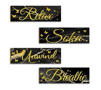 Mskidand Lot de 4 panneaux muraux en bois à suspendre pour salle de bain avec inscription « To Relax Soak And Breathe »