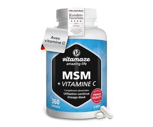 MSM Gélules 1334 mg avec Vitamine C - Durée de 6 Mois, 360 Capsules de Soufre Organique et Vegan - 99,9% Méthylsulfonylméthane, Complement Alimentaire sans Additifs Inutiles