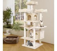 MSmask Arbre à Chat Grand et Stable, XXL, avec 3 Grandes Plateformes, 2 Niches pour Grands Chats, Griffoirs en Sisal, Beige