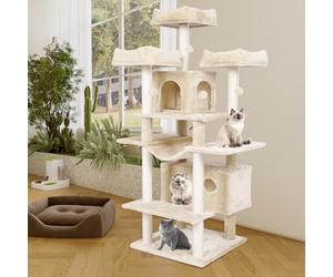 MSmask Arbre à Chat Grand et Stable, XXL, avec 3 Grandes Plateformes, 2 Niches pour Grands Chats, Griffoirs en Sisal, Beige