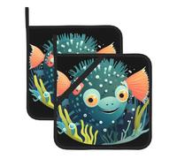 MSRHIUEF Pufferfish in the Underwater World Picture Lot de 2 tapis d'isolation carrés pour couvercle de cuisine, fours à micro-ondes, fours avec corde de suspension latérale