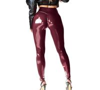 Mstaad Legging en cuir synthétique breveté pour femme - Taille haute - Lifting des fesses - Plissé - Latex brillant - Tenue de concert, Mauve, bordeaux, M
