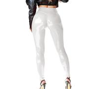 Mstaad Legging en similicuir verni pour femme - Taille haute - Laque - Latex brillant - Tenue de concert, blanc, Taille L