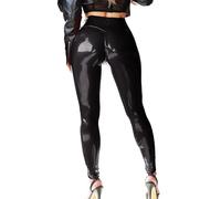 Mstaad Legging en similicuir verni pour femme - Taille haute - Laque - Latex brillant - Tenue de concert, Noir :, L