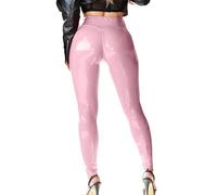 Mstaad Legging en similicuir verni pour femme - Taille haute - Laque - Latex brillant - Tenue de concert, Rose cristal, Taille L