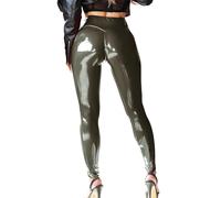 Mstaad Legging en similicuir verni pour femme - Taille haute - Laque - Latex brillant - Tenue de concert, Vert bronze., Taille M