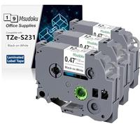 Msudoku TZS231 Lot de 3 rubans adhésifs laminés extra résistants pour Brother TZe-S231 TZeS231 TZ-S231 TZ-S231 pour Ptouch PT D210 D200 H110 H100 Noir sur blanc 12 mm x 8 m