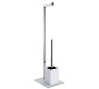 MSV, Combiné pour WC 2 en 1 avec Support WC avec récipient intérieur Amovible pour Brosse WC, en INOX, Brosse WC et Dérouleur Papier Toilette, Serviteur WC Non Fixe, Verre Blanc