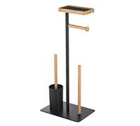 MSV - Combiné WC avec Support Smartphone TEIKI - Porte-Rouleau Papier WC Bambou & Acier + Brosse WC + Supporte 3 Rouleaux de Rechange - 67 x 29,5 x 20 cm - Noir
