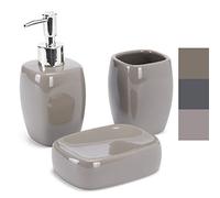 MSV - Ensemble d'Accessoires Salle de Bain 3 Pièces Céramique - Distributeur de Savon - Porte Savon - Gobelet - Couleur Taupe - Design Solide et Esthétique