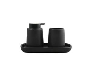 MSV - Lot de 3 Accessoires de Salle de Bain en céramique Maonie - Set Salle de Bain Design avec Distributeur de Savon - gobelet et Plateau Multifonction - Collection élégante et Tendance - Noir Mat