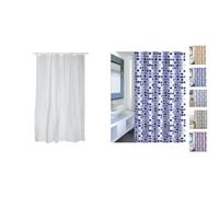 MSV Lot Rideau de Douche Polyester + Anneaux de Rideau Blanc et Bleu | traitement anti-moisissure, lavable en machine, glissement fluide, ouverture d'une main, blanc / bleu