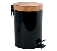 MSV - Poubelle de Salle de Bain 3 litres en Acier Inoxydable et Bambou avec système d'abaissement Automatique et Seau intérieur Aza - Noir - 16,8 x 24 cm