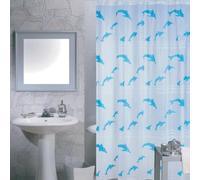 MSV Rideau de Douche Plastique PVA 180x200cm Motif Dauphins Bleu & Blanc - Anneaux Inclus