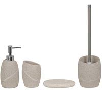 MSV Set de 4 accessoires de salle de bain en polyrésine, distributeur de savon Malua, brosse WC, porte-savon et gobelet à dents Beige/sable