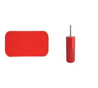 MSV Set Salle de Bain Tapis de Bain + Brosse WC Acier Rose et Rouge | envers antidérapant, lavable en machine, support fermé, tête de brosse remplaçable, rose / rouge