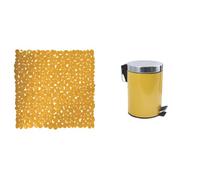 MSV Set Salle de Bain Tapis de Bain + Poubelle 3 L INOX Safran | envers antidérapant, lavable en machine, couvercle à fermeture douce, seau intérieur amovible, coloris safran
