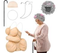 MSYU Lot de 6 costumes de vieille femme - Perruque de grand-mère pliable avec béquille, perruque, bonnet, chaînes, sangle, perles (cheveux bouclés argentés)