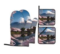 Mt Fuji au début du printemps Ensemble de gants et tapis isolants thermiques imprimés - Ensemble de 4 pièces, résistant aux hautes températures, four, grill, gants de cuisson et maniques
