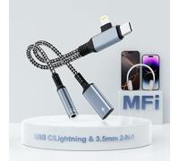 MTAKYI Adaptateur Lightning USBC vers Casque 3,5 mm 2 en 2 - Certifié MFi - USB C vers Prise Audio auxiliaire avec dongle de Charge Rapide PD 60 W - Adaptateur Casque pour iPhone 16/15 14/13, Galaxy