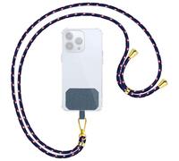 mtb more energy® Chaîne universelle pour téléphone portable - Bleu, rouge et blanc - Pièces métalliques de couleur or - Compatible avec de nombreuses coques de téléphone - Cordon à accrocher autour du