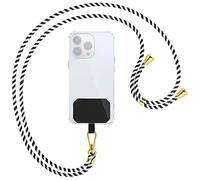 mtb more energy® Chaîne universelle pour téléphone portable - Noir et blanc - Pièces métalliques de couleur or - Compatible avec de nombreuses coques de téléphone portable - Cordon à accrocher autour