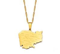 MTCDBD Cambodge Carte Collier Décoration Ethnique, Pendentif Carte Cambodgienne avec Nom De La Ville Accessoires De Vêtements Ethniques Chaîne De Clavicule Élégante, Cadeau Pendentif Patriotique, Or,