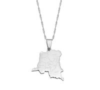 MTCDBD Collier Carte du Congo pour Hommes Et Femmes, Collier Carte De La Rdc avec Nom De Ville Bijoux Mode Collier De Chaîne De Clavicule, Collier Pendentif Symbole Ethnique, Argent, Chaîne De 45 Cm