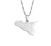 MTCDBD Italie Sicile Carte Collier pour Hommes Et Femmes, Collier Carte Italienne avec Nom De La Ville Chandail Clavicule Chaîne Cravates, Bijoux Ethniques Carte Symbole Pendentif,Argent,60Cm Chaîne