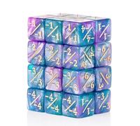 MTG Lot de 24 compteurs de dés - Jetons de compteur de vie 1/-1 avec sac de rangement gris, dés D6 vibrants, dés parfaits de 16 mm pour MTG, JCC et jeux de cartes (paillettes cyan violet)