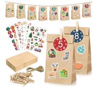 MTINRNI Calendrier de L'aventà à Remplir Soi-Même,24 sacs Papier Kraft,autocollants,clips en bois,corde,l'Avent à faire soi,Calendrier de l'Avent à Remplir pour Emballage an Fête Party Bonbon Biscuit.