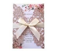 MTKSFDC Carte Mariage Lot de 10 cartes d'invitation de mariage découpées au laser, bleues et pailletées, avec ruban, for anniversaire, décorations de fête(Pink)