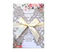 MTKSFDC Carte Mariage Lot de 10 cartes d'invitation de mariage découpées au laser, bleues et pailletées, avec ruban, for anniversaire, décorations de fête(White)