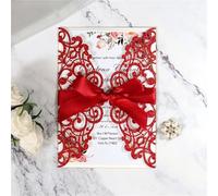 MTKSFDC Carte Mariage Lot de 10 cartes d'invitation de mariage découpées au laser, bleues et pailletées, avec ruban, for anniversaire, décorations de fête(Red)
