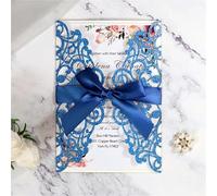 MTKSFDC Carte Mariage Lot de 10 cartes d'invitation de mariage découpées au laser, bleues et pailletées, avec ruban, for anniversaire, décorations de fête(Blue)