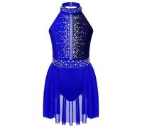 MTKSFDC Tenue Danse Contemporaine Robe de Danse lyrique for Fille, Costume de Ballet, Patinage Artistique, Gymnastique, Spectacle sur scène, Justaucorps sans Manches avec Strass Brillants(Blue,12)